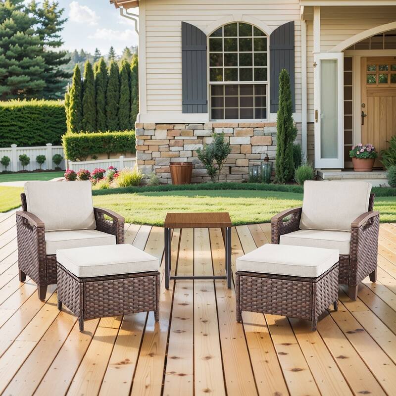 Pocassy Outdoor Brown Wicker Funitre with Cushion Set - Beige Cushion - Club Chairs Table with Ottoman Set