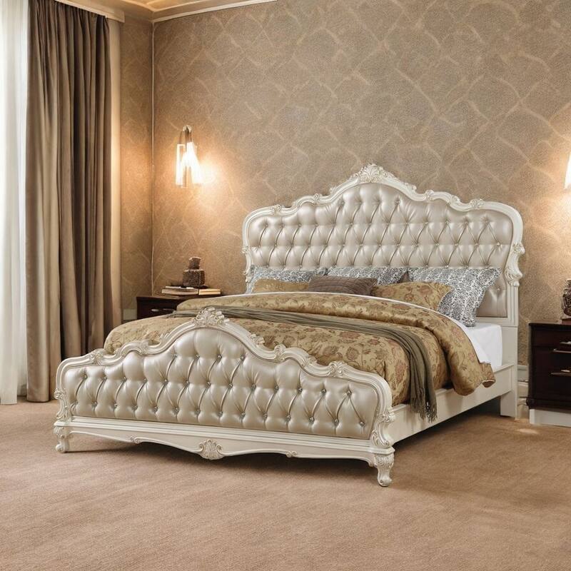 Acme Furniture Chantelle Rose Gold Faux Leather Pearl White Bed
