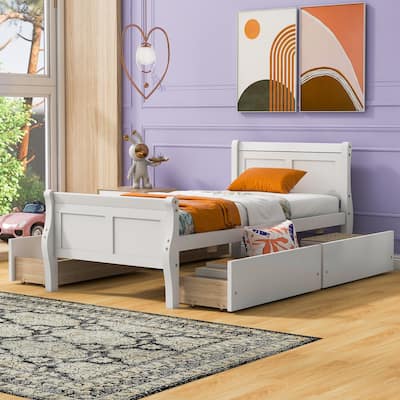 Wood Platform Bed with 4 Drawers and Streamlined Headboard & Footboard