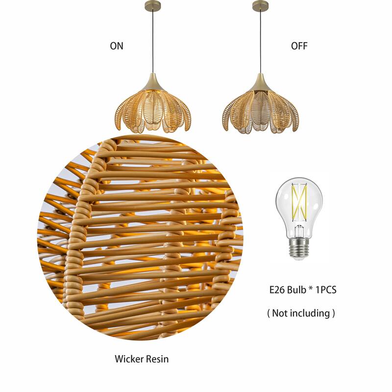 Kamala 1-Light Wicker Outdoor Pendant Light Coastal Boho Style Flower Handwoven