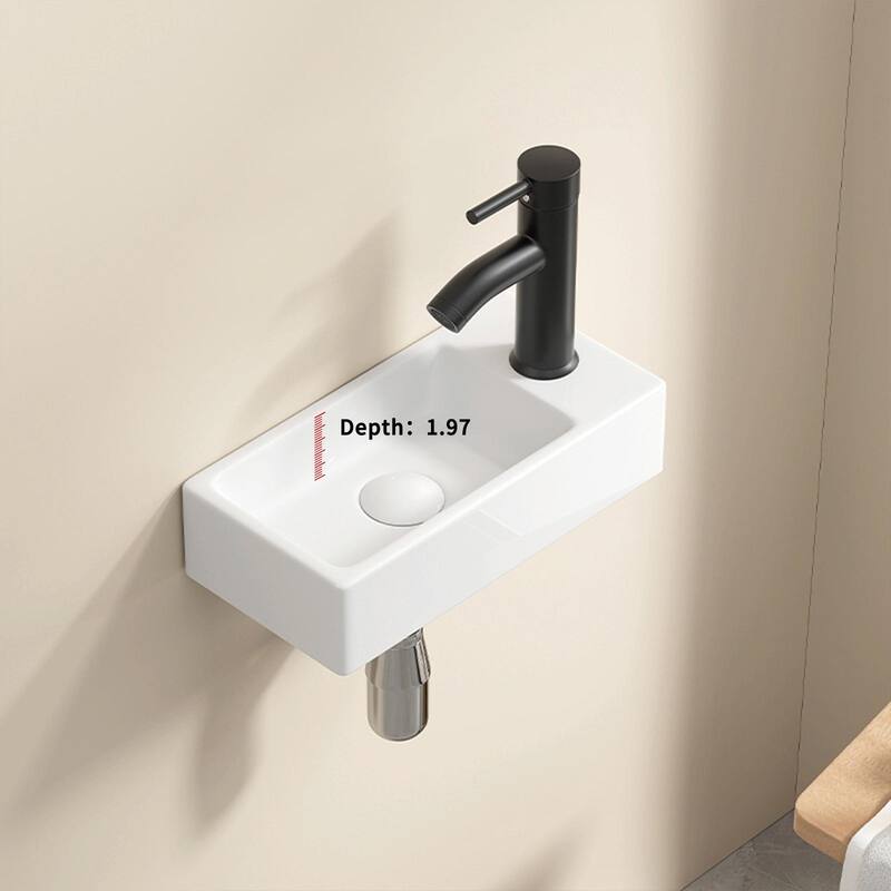 Ceramic Wash Basin - Right Hand, Wall Hung Basin Sink, Small Cloakroom Basin, Rectangle (Without Tap & Drain)
