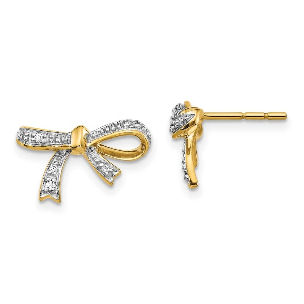 Curata 14k Yellow Gold 10x15mm Diamond Bow Post Earrings