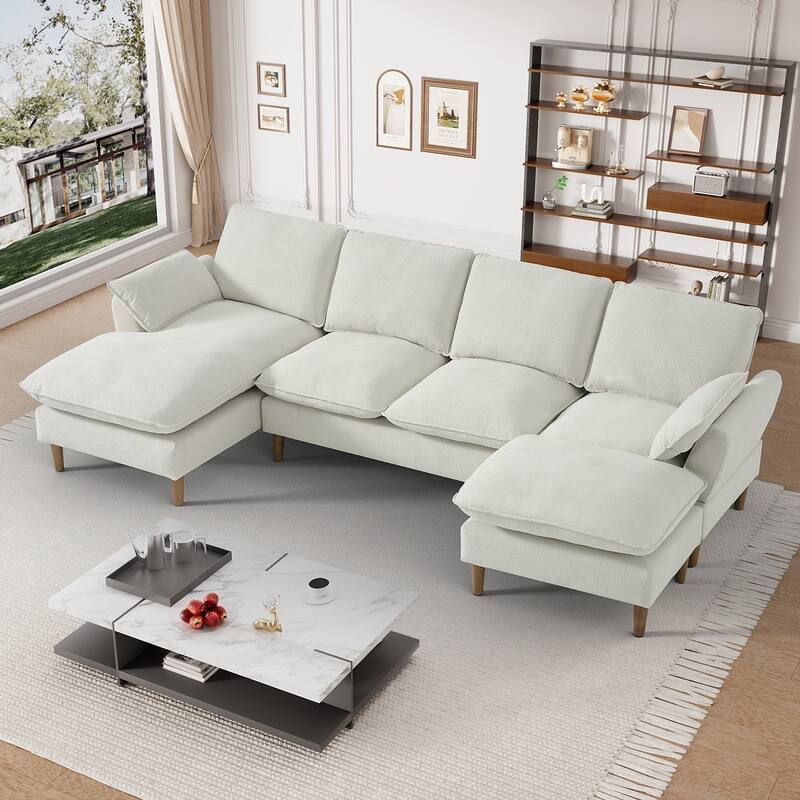 Modern U-Shaped Sectional Sofa Couch with Ottoman Chaise for Living Room - Beige