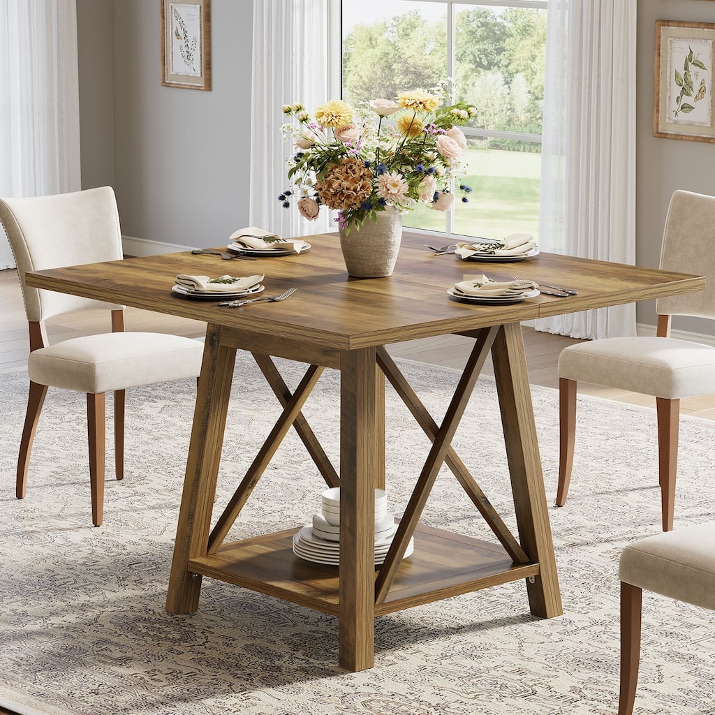 Farmhouse Square Dining Table with Shelf Storage