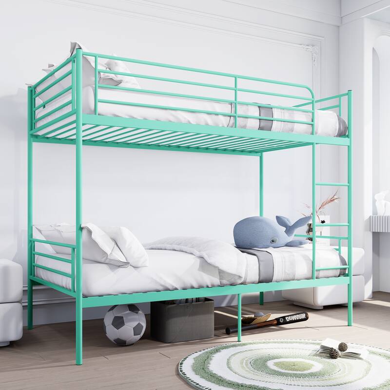 Bunk Bed with Ladder and high Guardrail, Able to Split, Metal Bunk Bed, Storage Space, Noise Free,Twin Over Twin Size - Green