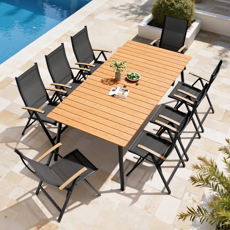 9PC Outdoor Patio Dining Set Aluminum Umbrella Hole Table with Folding Chairs