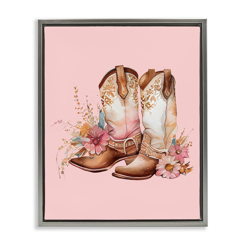 Stupell Floral Pink Cowgirl Boots Framed Floater Canvas Wall Art Design by Birch&Ink