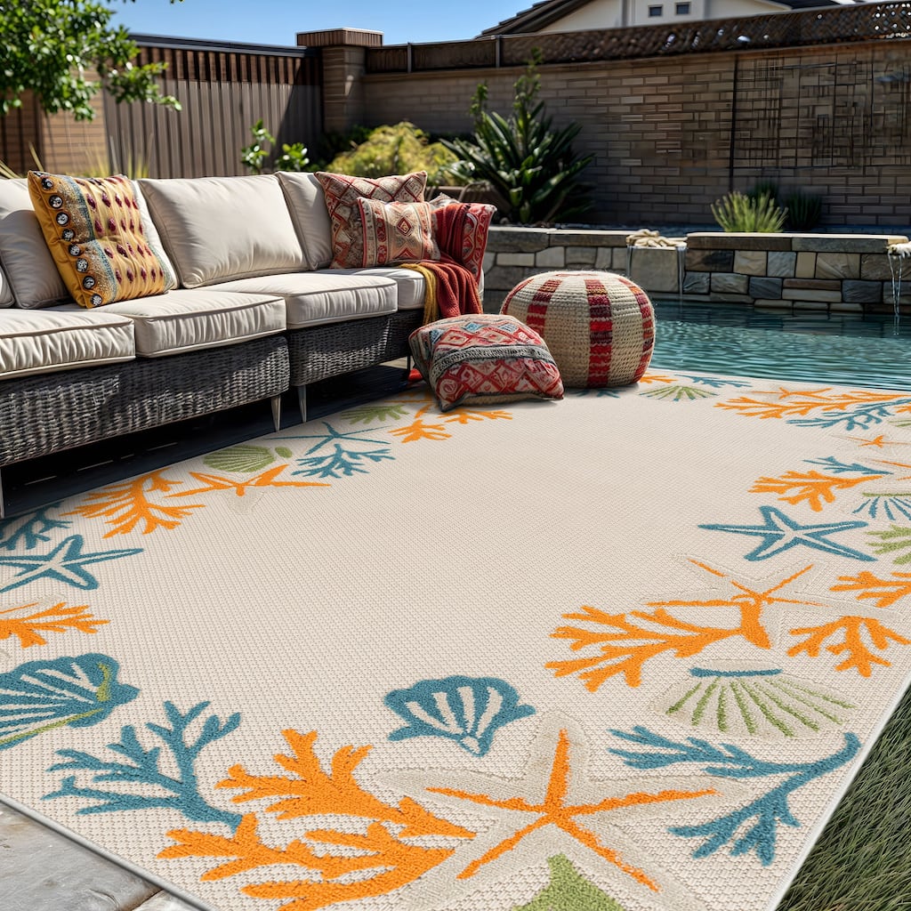 World Rug Gallery Indoor/Outdoor High-Low Textured Area Rug, Coastal Border Easy-Clean Patio Rug