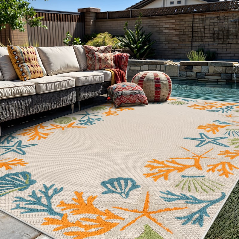 World Rug Gallery Indoor/Outdoor High-Low Textured Area Rug, Coastal Border Easy-Clean Patio Rug - 5' x 7' - Multi
