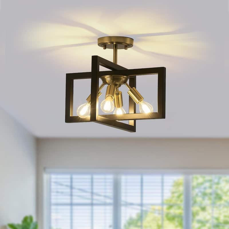 4-Light Farmhouse Semi-Flush Mount Light with Rustic Accent Square Cage for Dining Room - Black+Gold