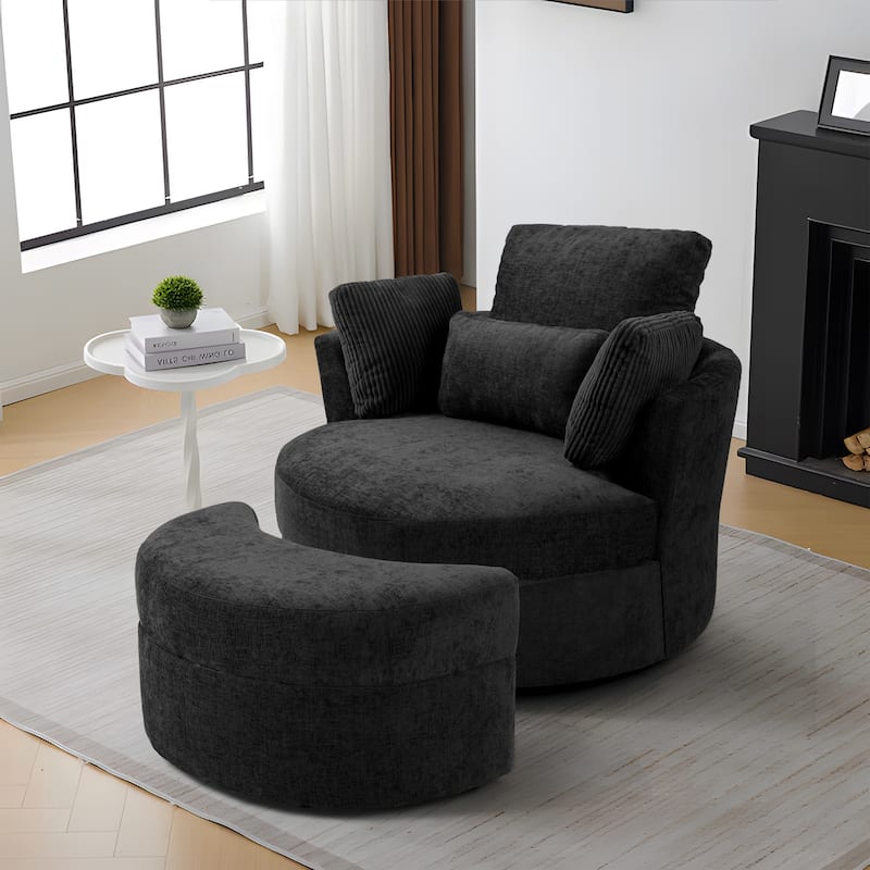 Upholstered Swivel Accent Chair with Wooden Tray Storage Ottoman