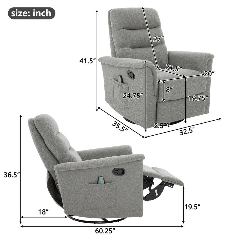 Roomfitters Manual Massage Swivel Rocker Recliner Chair with Heat and Side Pocket, PU Leather - Grey