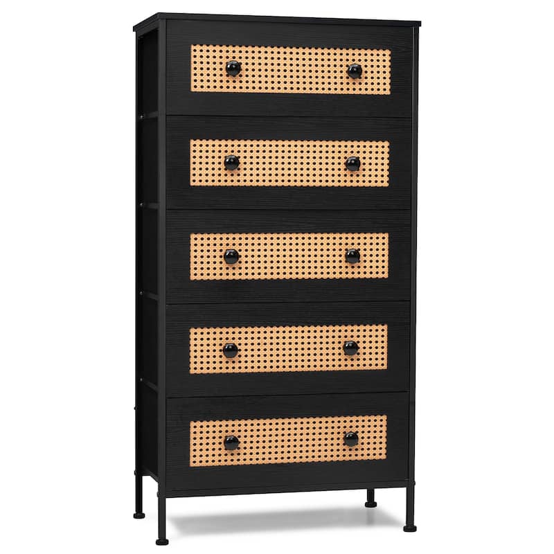 Crestlive Dresser Closet PE Wicker Rattan Storage Tower Organizer Chest of 5 Drawers