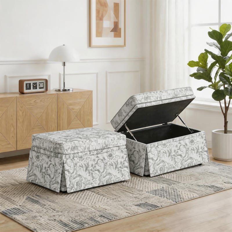 2 Set Rectangle Chenille Upholstered Storage Ottoman - Rococo Light Grey
