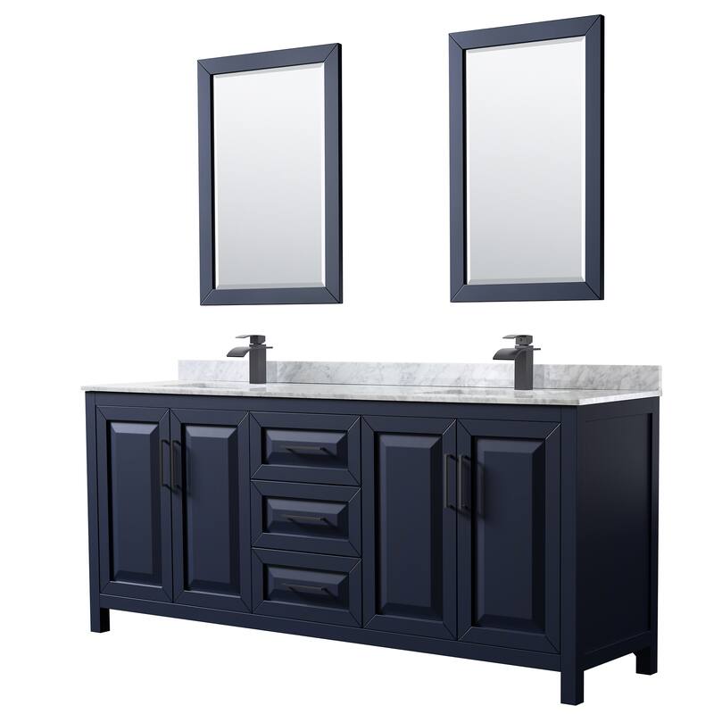 Wyndham Collection Daria 80" Free Standing Double Vanity Set with MDF - Dark Blue / White Carrara Marble Top / Matte Black - Painted