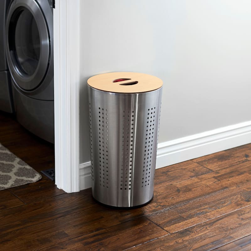 Household Essentials Metal Hamper with Engineered Wooden Lid - 22.9"L x 13.8"W x 23.0"H