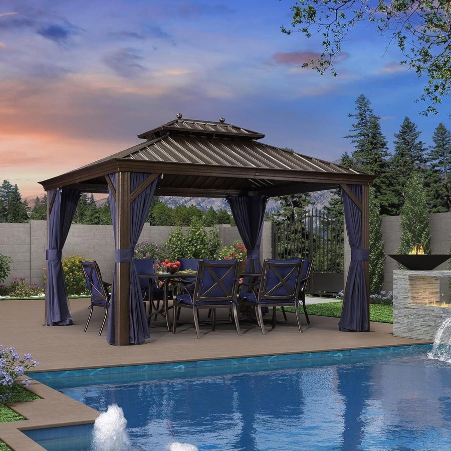 PURPLE LEAF Hardtop Aluminum Gazebo with Curtains and Netting, Double Roof Patio Gazebo