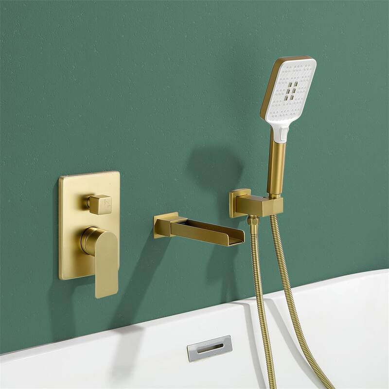 Waterfall Tub Faucet Wall Mounted Single Handle Tub Fillers with Handheld Shower Bathtub Faucet with Rough-in Valve - Brushed Gold