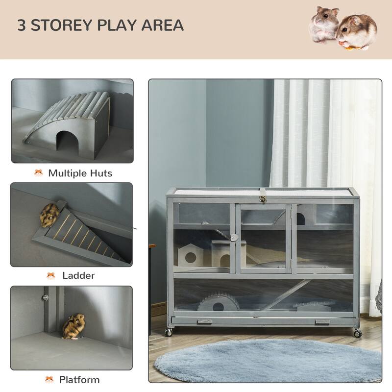 Slate Grey Fir Wood Hamster Cage 3-Tier with Plexiglass and Wheels - 43.25" L x 23.5" W x 31.5" H