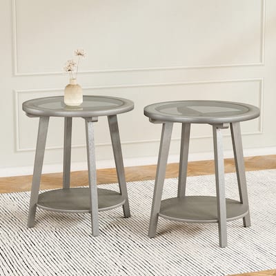 COSIEST 2 Set of Silver Round Solid Wood Tempered Glass Coffee Table - 22''Dx22''Wx24''H
