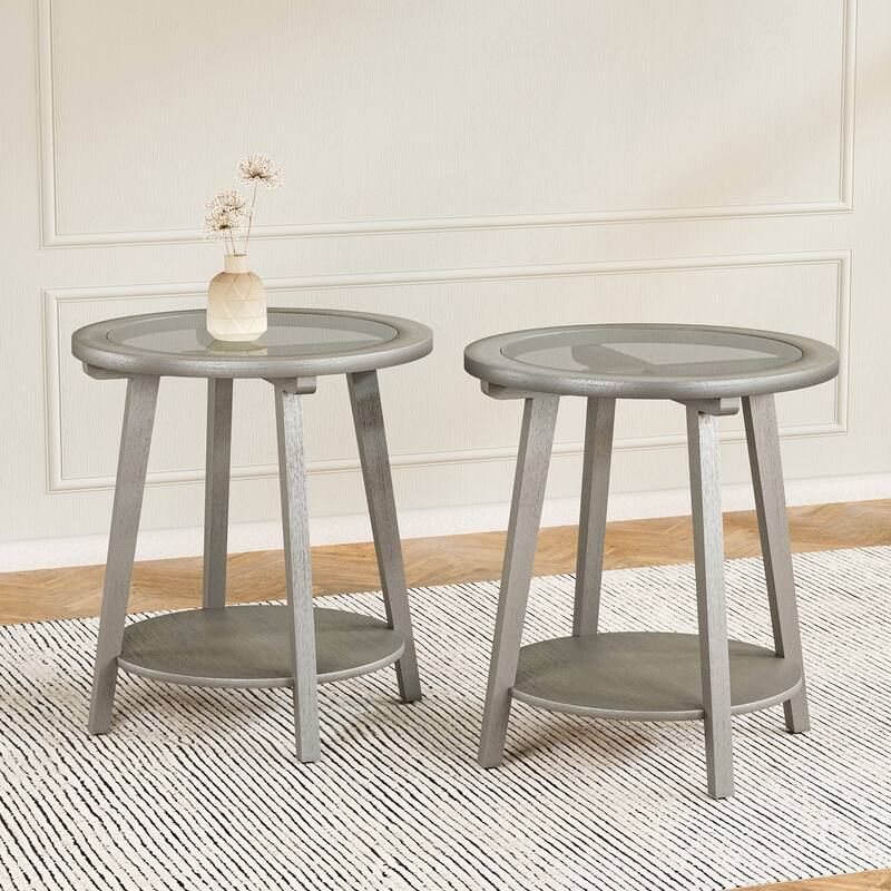 SUNBURY Solid Wood Tempered Glass Side Table with Storage Shelf - 2PC-Matte Silver