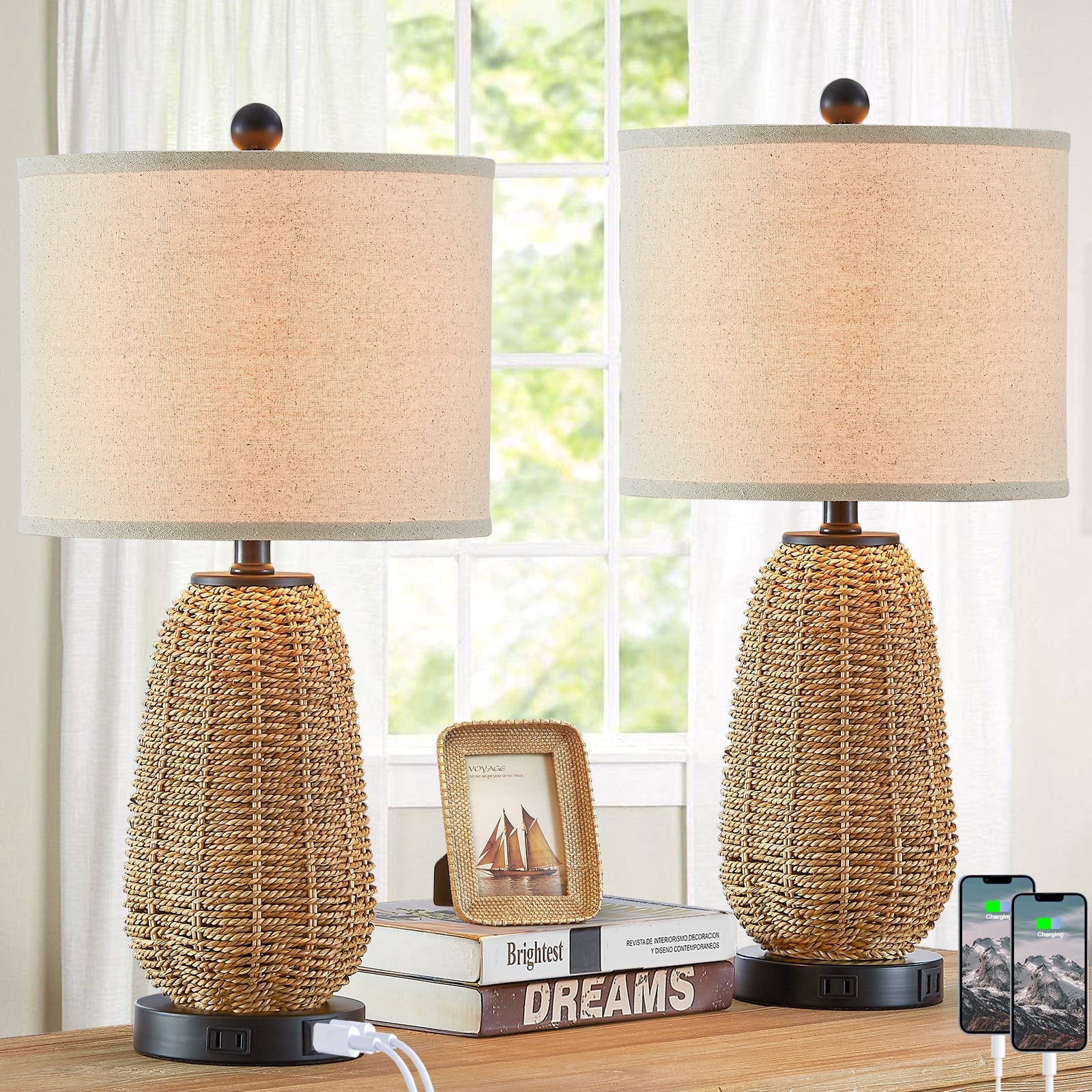 Cinkeda Table Lamp Brown Natural Straw Touch 3-Way Dimming(Set of 2)