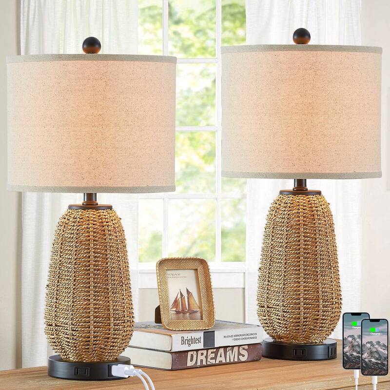 Table Lamp Brown Natural Straw Touch 3-Way Dimming(Set of 2) - 11'' x 11'' x 22.8'' (L x W x H) - 11'' x 11'' x 22.8'' (L x W x H) - Brown