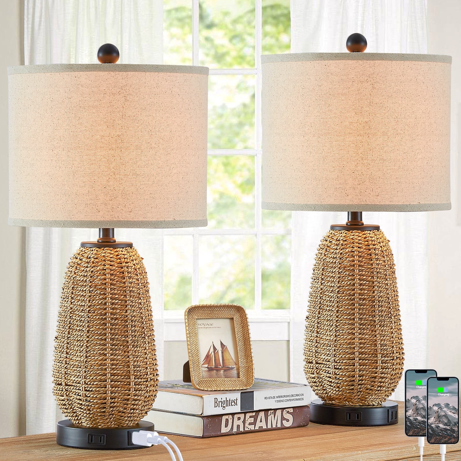 Natural Straw Table Lamps with 3-Way Touch Dimming & USB Ports (Set of 2) - 11'' x 11'' x 22.8'' (L x W x H)