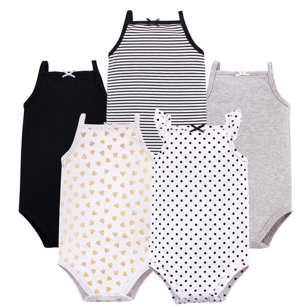 slide 1 of 1, Hudson Baby Infant Girl Cotton Sleeveless Bodysuits 5pk, Basic Black Gold 0-3 Months - Basic Black Gold