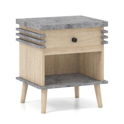 Antique Grey and Natural Nightstand with Faux Marble Top Drawer and Open Shelf
