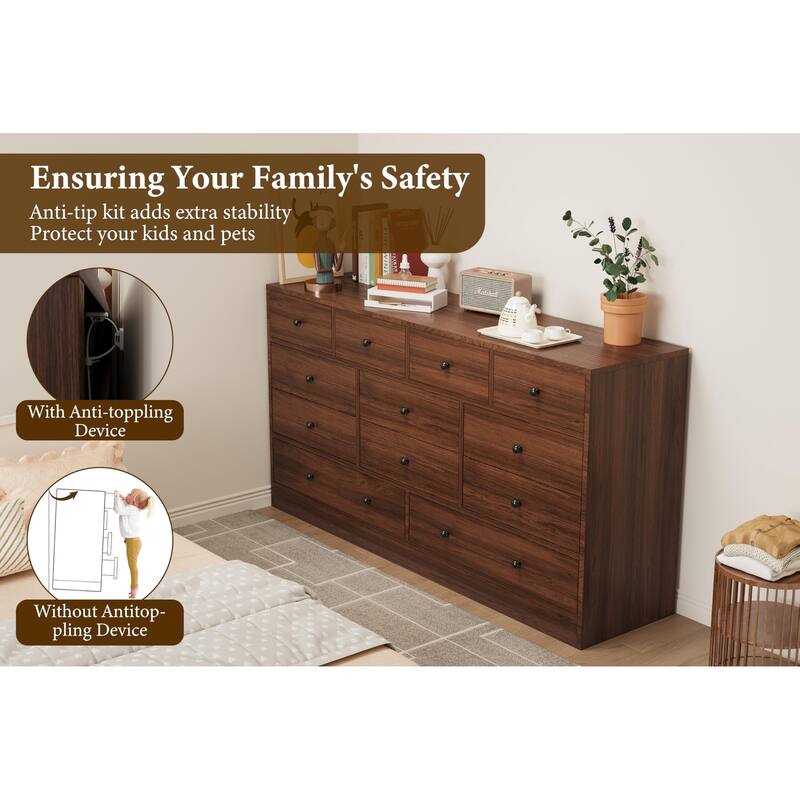 12 Drawer Dresser for Bedroom with Power Outlet, 61 Inch Wooden Storage Cabinet