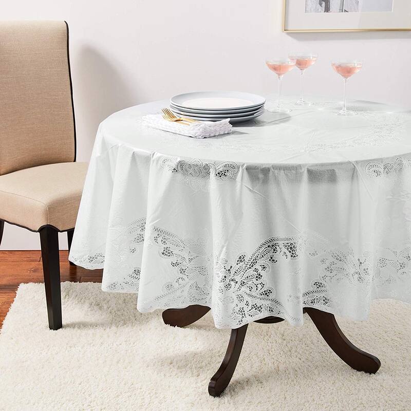 Violet Linen Vinyl Lace Battenberg embossed Floral Pattern Tablecloth