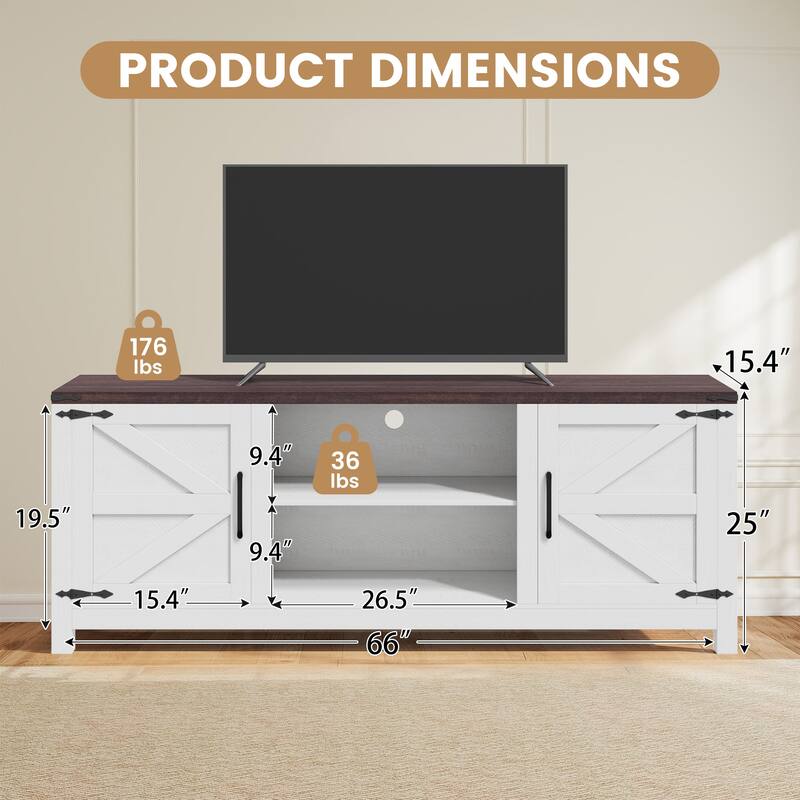 EROMMY Solid Wood TV Stand, Modern Entertainment Center with Glass Doors & Adjustable Shelves.