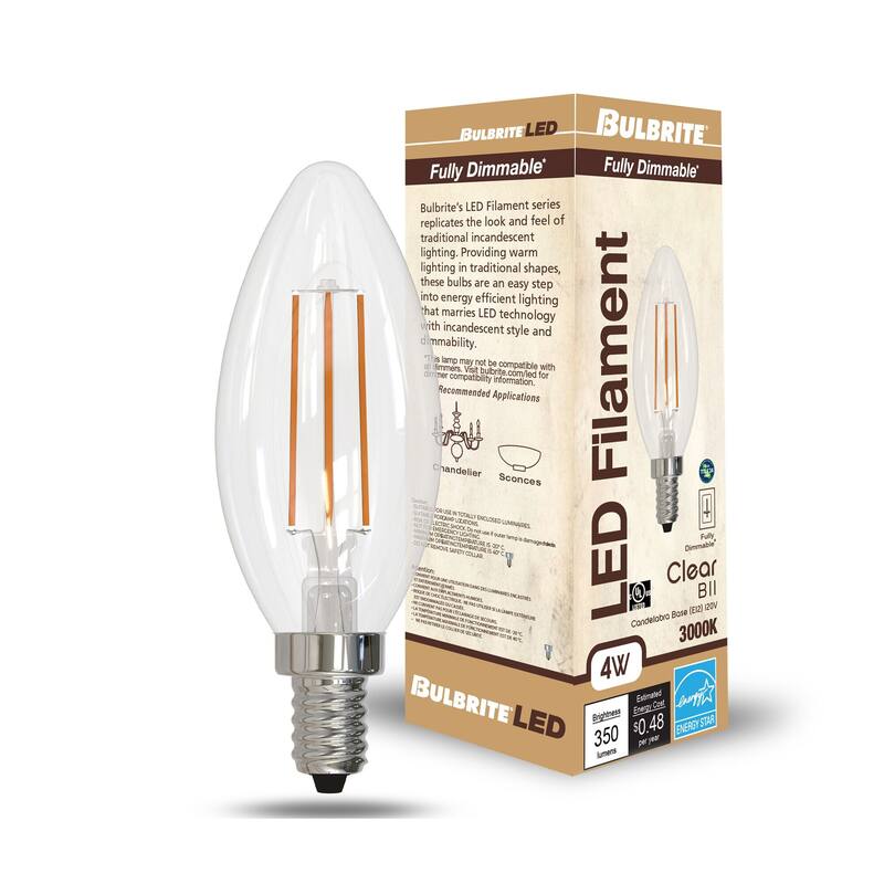 Bulbrite Pack of (4) Dimmable Clear Filament B11 Candelabra (E12) LED Bulb