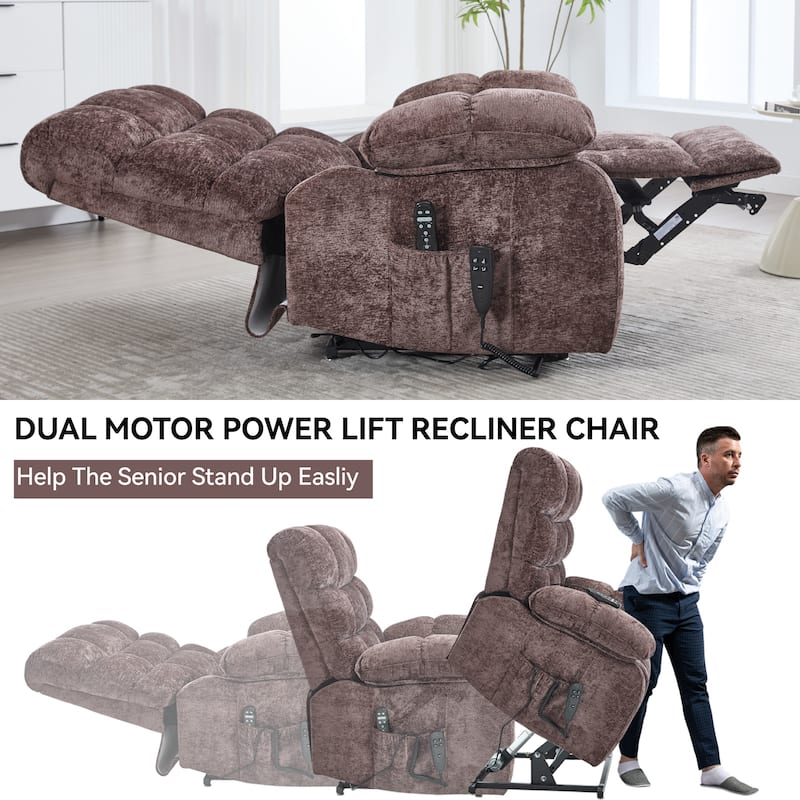 Chenille Upholstery Oversized Power Lift Recliner Massage Chair with Dual Motor and Heat