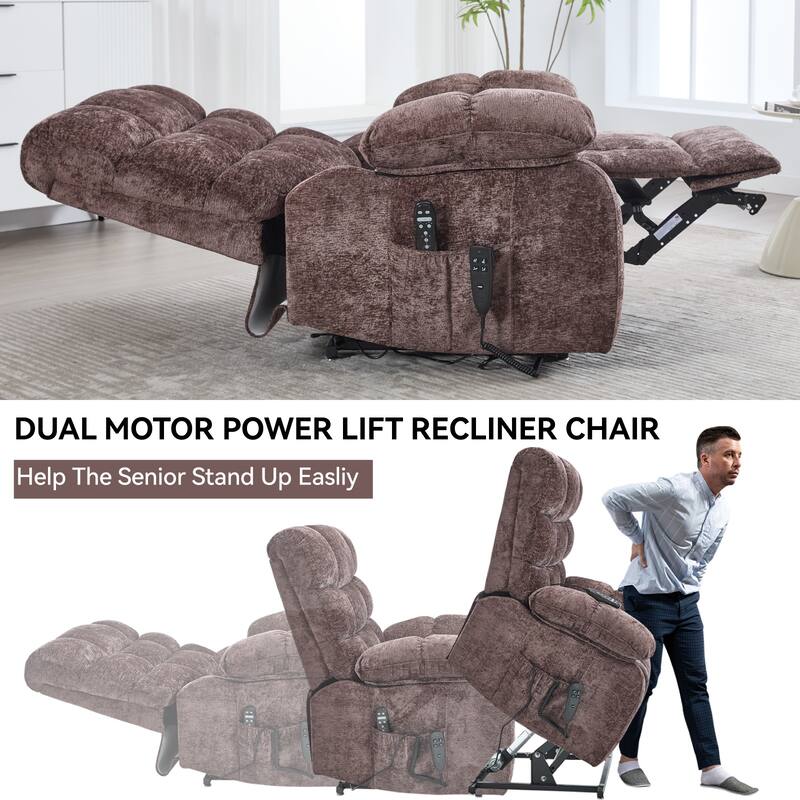 Large Dual Motor Chenille Power Lift Recliner Chair with Massage and Heat and Power-Remote, Infinite Position