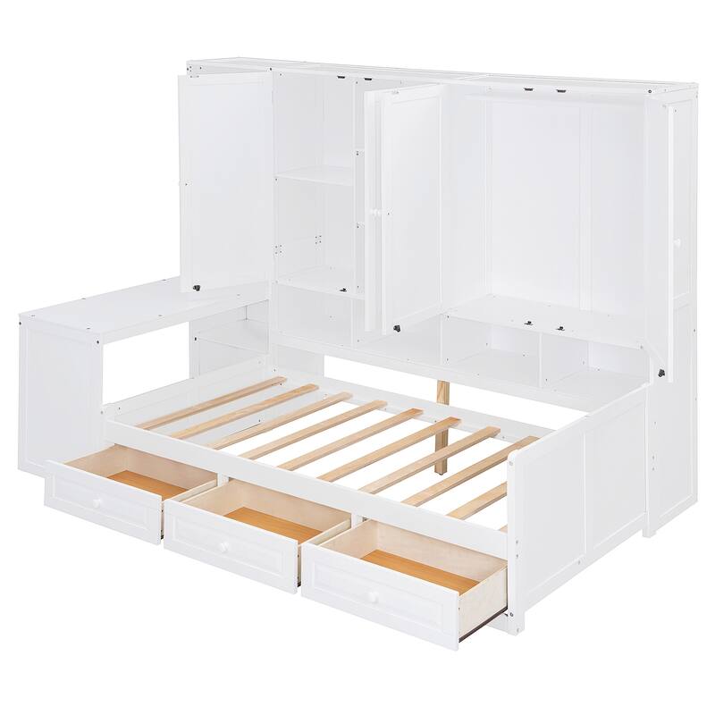 Modern Twin Daybed with All-in-One Cabinet, Desk Wooden Daybed Sofa Bed Frame with 3 Drawers, Multi-Functional Headboard