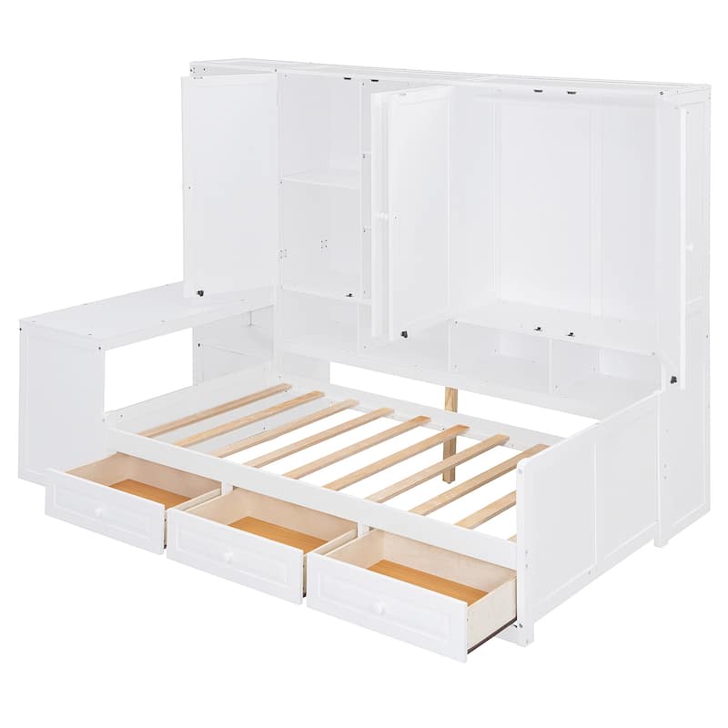 Twin Size Wooden Daybed with Three Drawers, All-in-One Cabinet, Desk, and Shelves,White