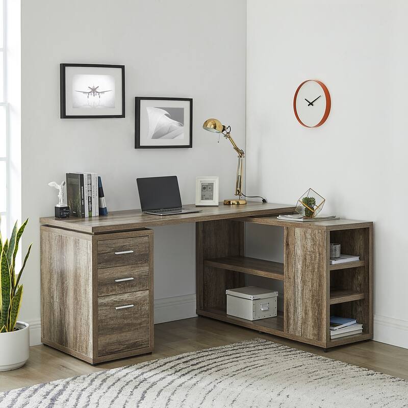 Executive L-Shaped Desk with Drawers, Large Modern Computer Desk with Storage Drawers, File Storage Desk for Home Office - Natural