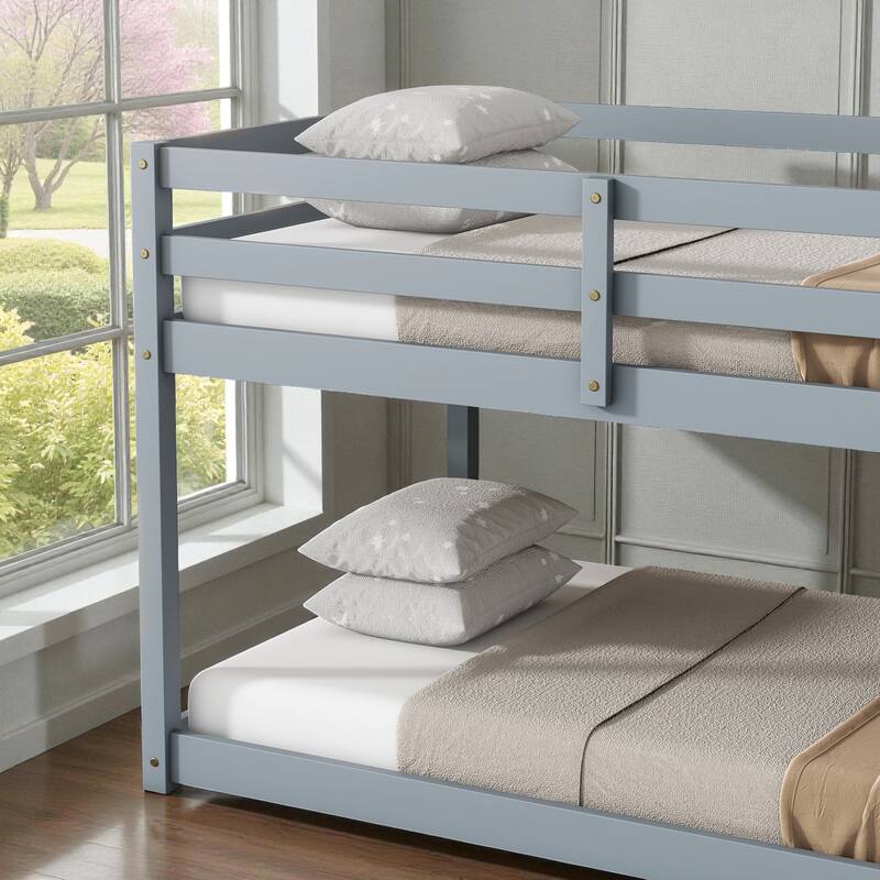 Solid Rubber Wood Twin Over Twin Floor Bunk Bed with Ladder, Low Height Design and Strengthened Slat Support