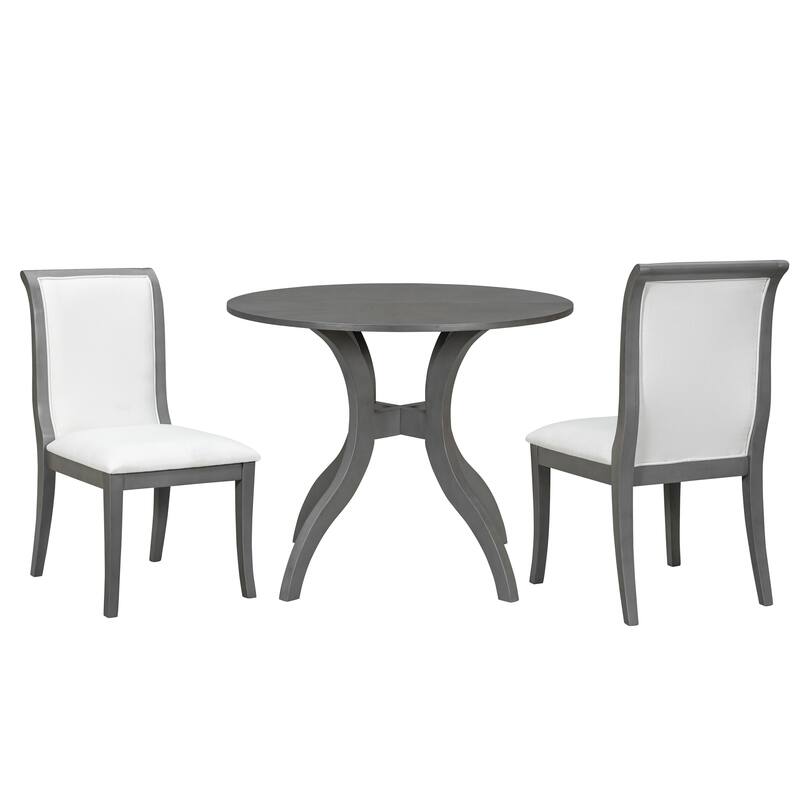 Dining Table Set with Round Table & 2 Chairs, Wood Kitchen Set with Inlaid Tabletop & Elegant Curved Legs