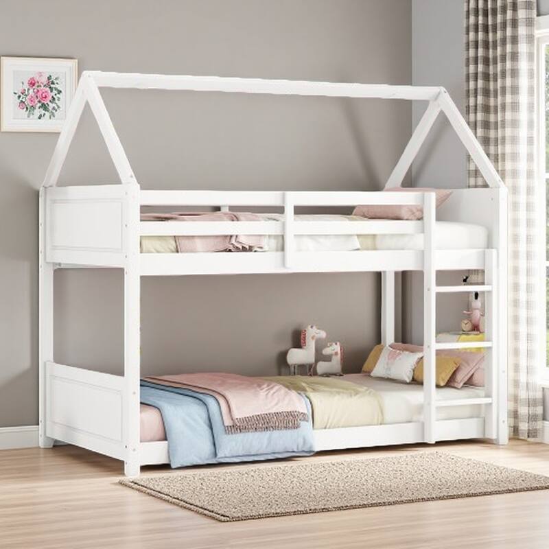House-Style Twin Over Twin Bunk Bed with Headboards, Footboards, Guardrails, Ladder, Rubber Wood Construction - White