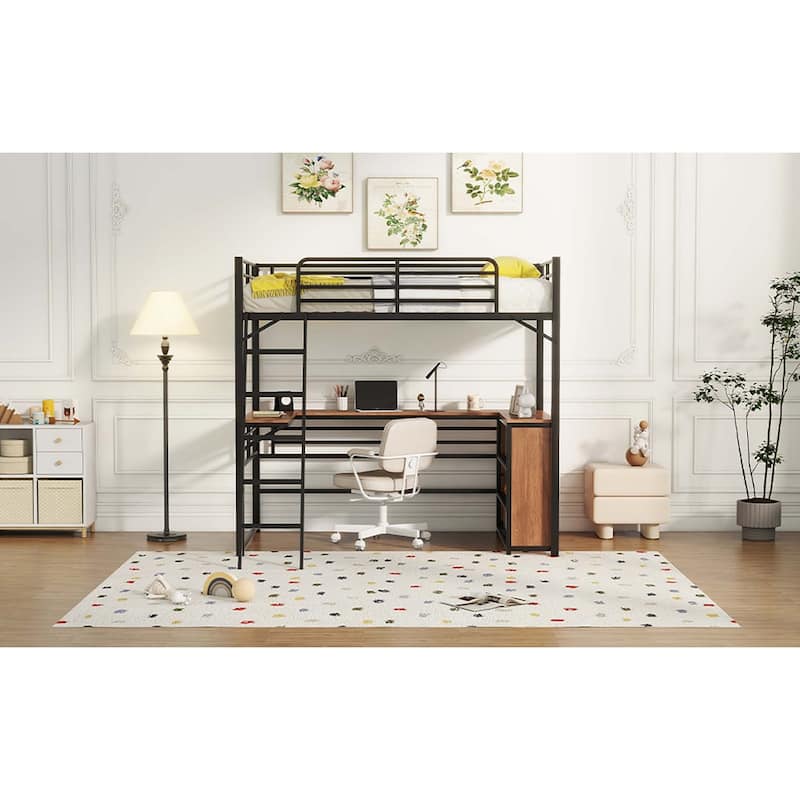 Metal Loft Bed with 3 Layers of Shelves and L-shaped Desk