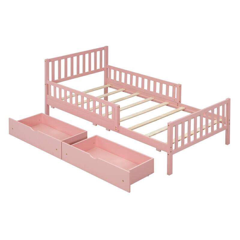 Wood Twin/Full Size Wood Platform Bed with Guardrails on Both Sides and Two Storage Drawers