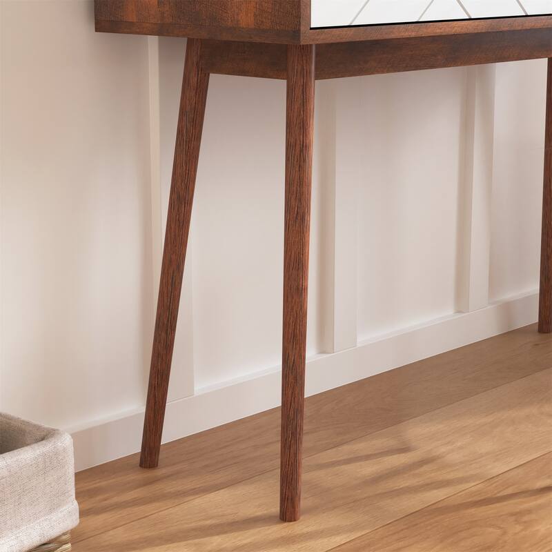 Console Table with 2 Carved Panel Drawers, Storage Space and Wood Legs