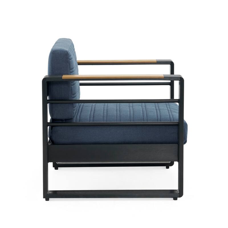 Roomfitters Modern Outdoor Club Chair with Slatted Metal Frame, Weather-Resistant Cushions and Wooden Armrests