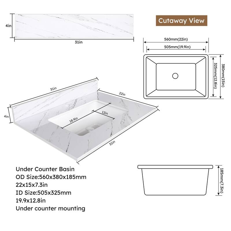 Roomfitters 31 Inch Bathroom Vanity Top with Undermount Sink, Durable Sintered Stone Countertop with Backsplash, White