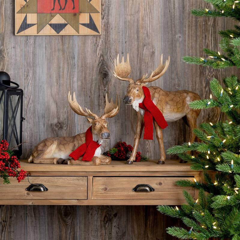 Carved Winter Moose with Scarf (Set of 2)