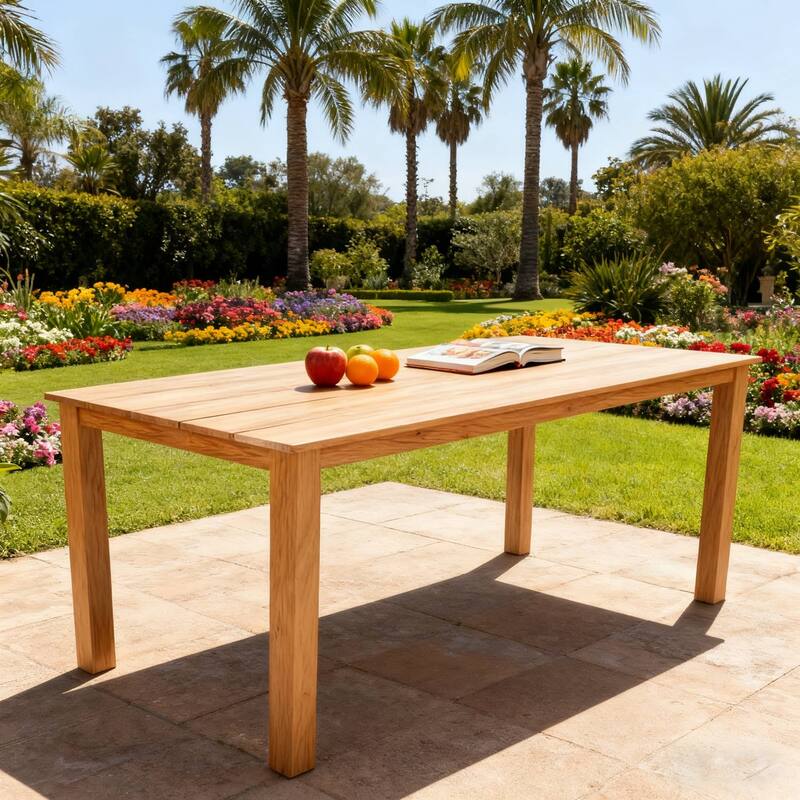 Wood Look Dining Table with Umbrella Hole Stainless Steel Legs Outdoor Picnic - Teak