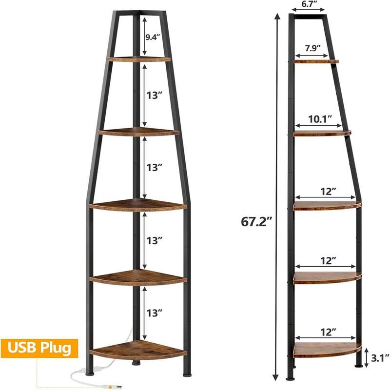 5 Tiers Corner Shelf with LED Light - 12"D x 12"W x 67.32"H